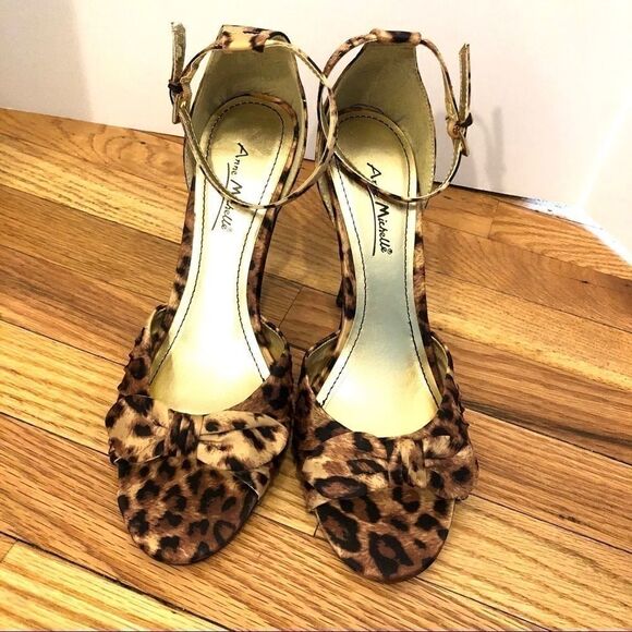 Leopard cheetah print sandal heels shoes NEW satin brown gold tan black 7.5 NIB - Picture 7 of 13
